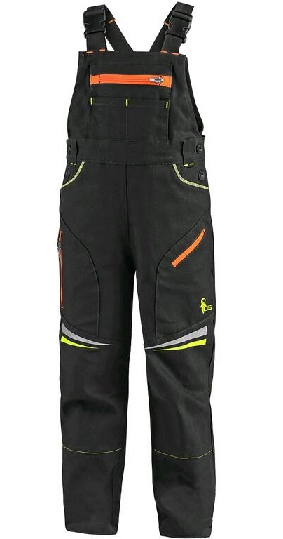 CXS GARFIELD detské nohavice s náprsenkou čierne s HV doplnkami
